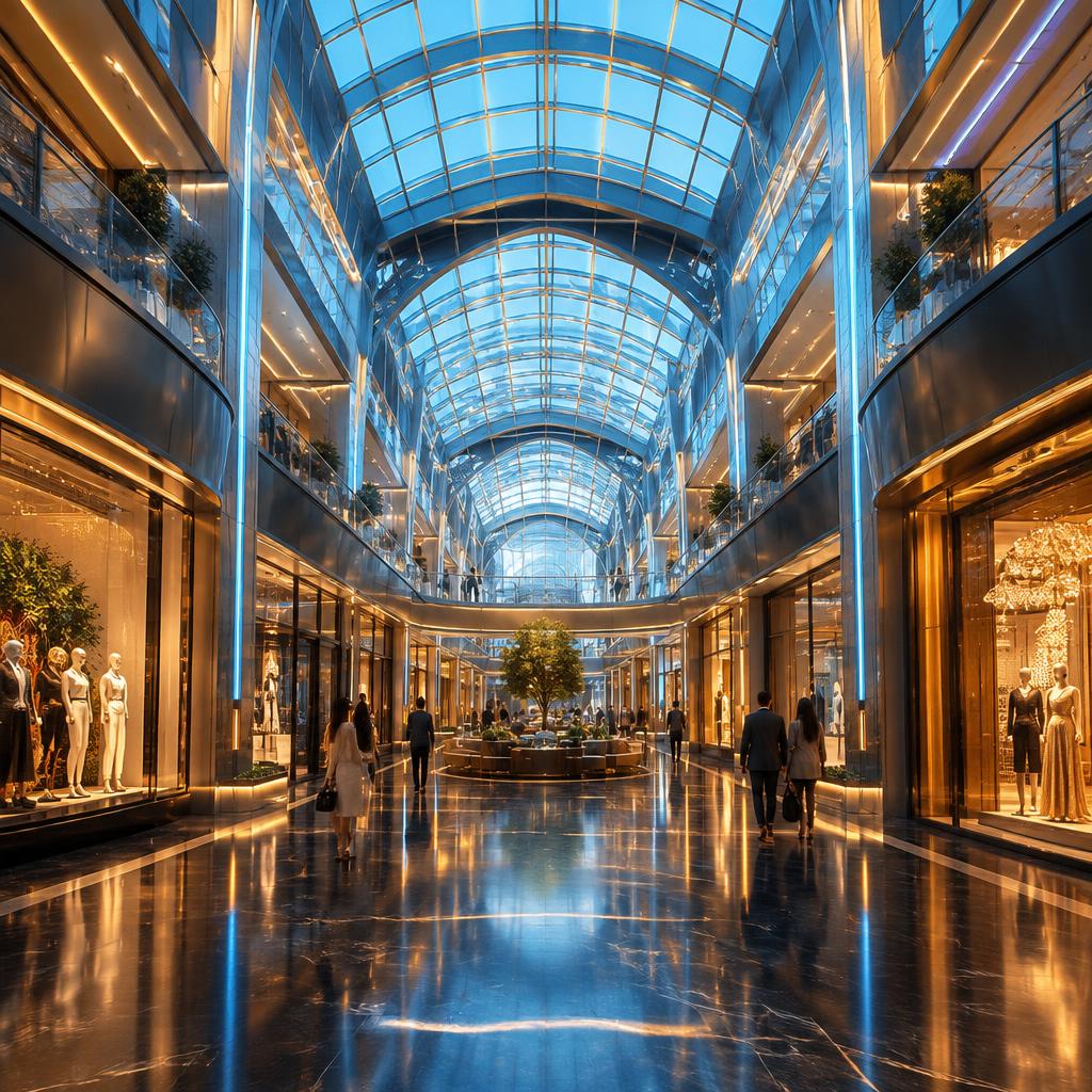 A luminous glass-roofed shopping mall